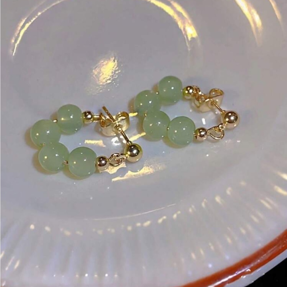 Green Jade Beaded Gold Earrings - Picture 7 of 7